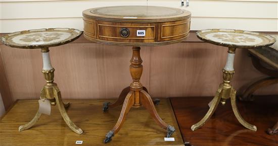 A reproduction drum table and two decorative tripod tables, W.50cm and 39cm